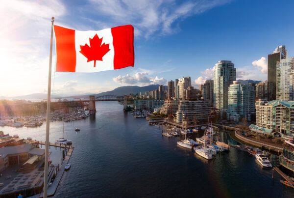 canadian national flag overlay false creek downtown vancouver british columbia canada